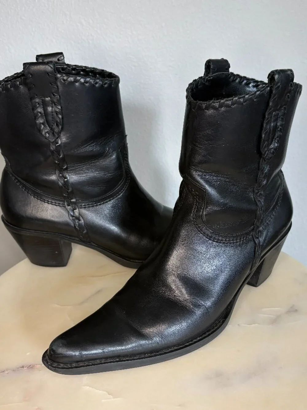 Franco Sarto Levee Black Leather Pointed Toe Western Cowboy Boots Size 8m